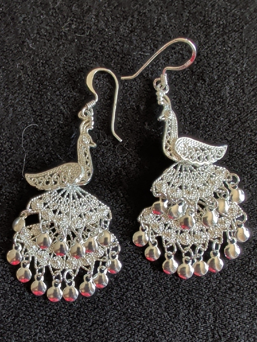 Silver Peacock Filigree Dangle Earrings